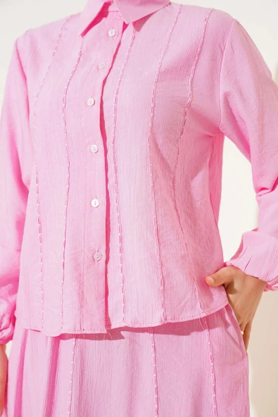 Önü Dikiş Detaylı Etekli İkili Takım Pembe - Resim 4