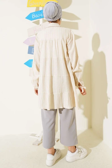 Kolları İp Bağlamalı Gömlek Bej - Resim 3