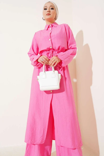 Bel Tünelli Yan Yırtmaçlı Uzun Tunik İkili Takım Pembe - Resim 2