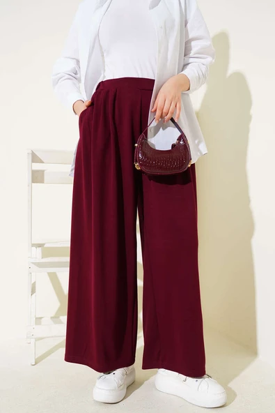 Loyşa Cepli Geniş Paça Pantolon Bordo ürün görseli 1