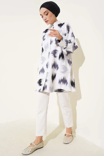 Fırça Desenli Bilek Manşetli Gömlek Siyah - Resim 2