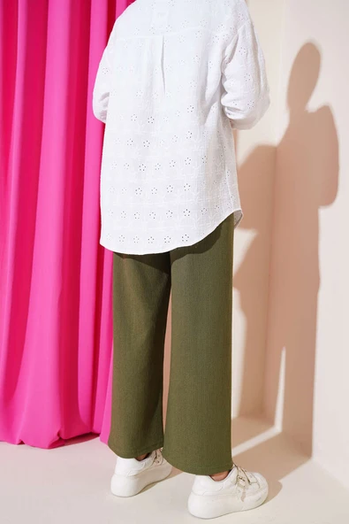 Bel İp Detaylı Bürümcük Pantolon Haki - Resim 3