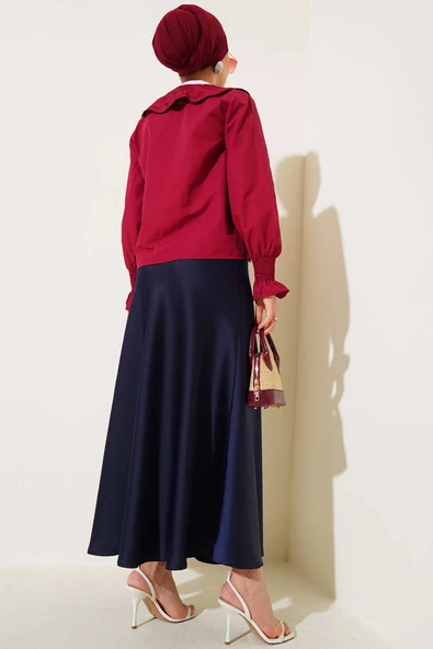 Bebe Yaka Nakışlı Bağlamalı Bluz Bordo - Resim 3