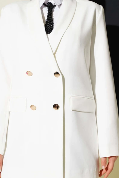 Cep Kapaklı Dabıl Blazer Ceket Beyaz - Resim 4