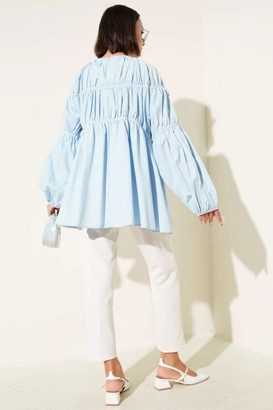 Çiçek Detaylı Kol Lastikli Tunik Bebe Mavi - Resim 3