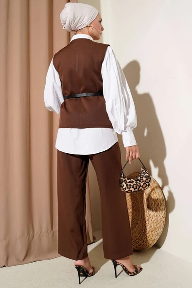 Çapraz Düğmeli Kemerli Yelekli İkili Takım Kahve - Resim 3