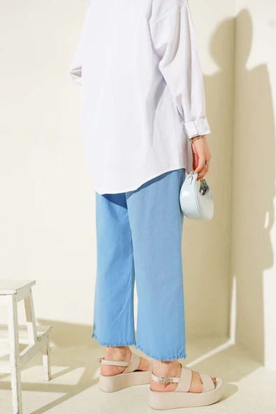 Paça Püsküllü İp Bağcık Detaylı Pantolon Mavi - Resim 3