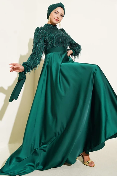 Pul Payet Kolları Bağlamalı Abiye Elbise Yeşil - Resim 2