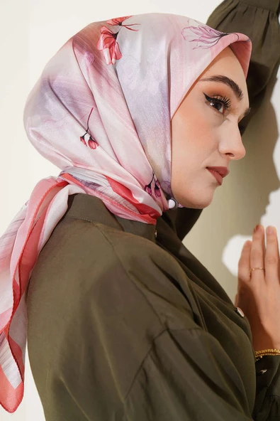 Çiçek Desen Twill Eşarp Gül Kurusu - Resim 2