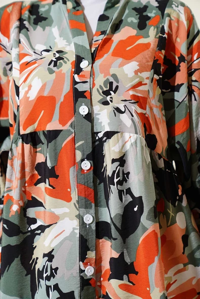 Yarım Düğmeli Karmaşık Desenli Elbise Haki - Resim 4