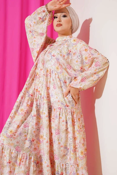 Hakim Yaka Çiçekli Kat Elbise Pembe - Resim 2