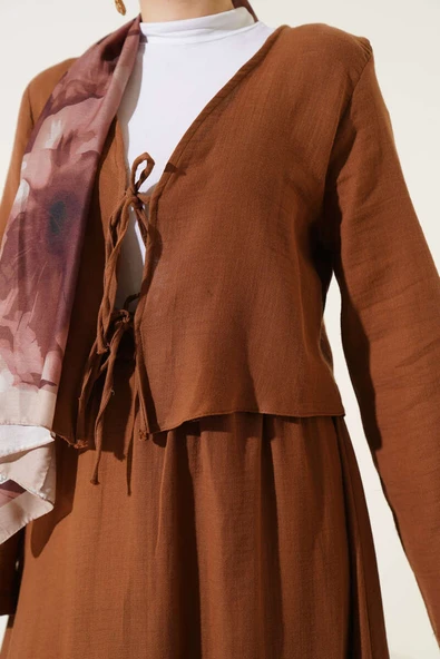 İp Bağcık Kimono Etekli İkili Takım Kahve - Resim 4