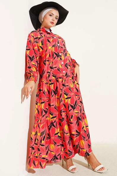 Hakim Yaka Floral Desenli Elbise Alizarin ürün görseli 1