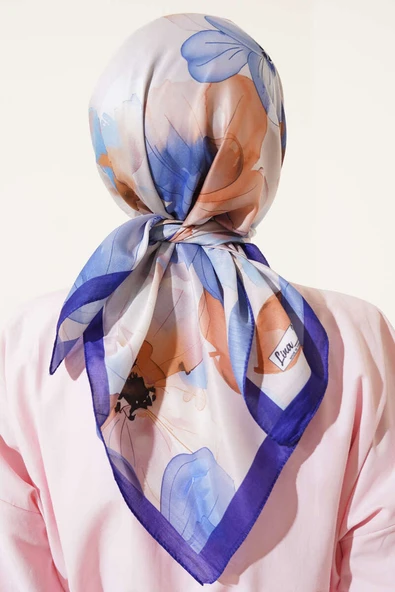 Ebruli Çiçek Desenli Eşarp Lacivert - Resim 3