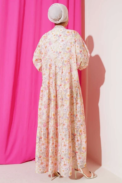 Hakim Yaka Çiçekli Kat Elbise Pembe - Resim 3