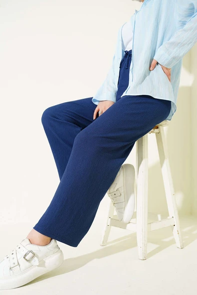 Bel İp Detaylı Bürümcük Pantolon Indıgo ürün görseli 1