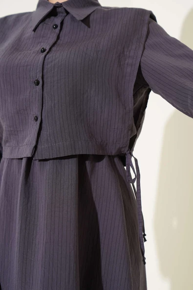 İnce Çizgili Tensel Elbise Füme - Resim 4