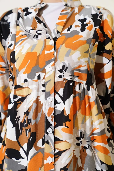 Yarım Düğmeli Karmaşık Desenli Elbise Camel - Resim 4