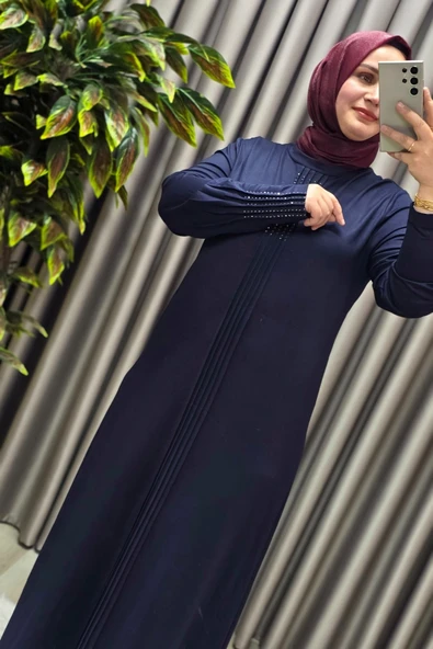 Kadın Giyim Büyük Beden Kolu Nevrür Taşlı Çimalı Elbise - Resim 10