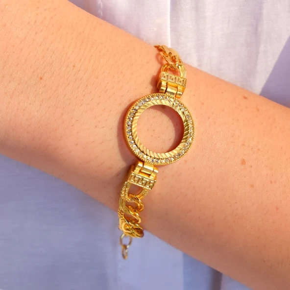 Altın Kaplama İmitasyon Zirkon Taşlı Desenli Figaro Model Çeyrek Çerçeve Bileklik BLK-1160 - Resim 2
