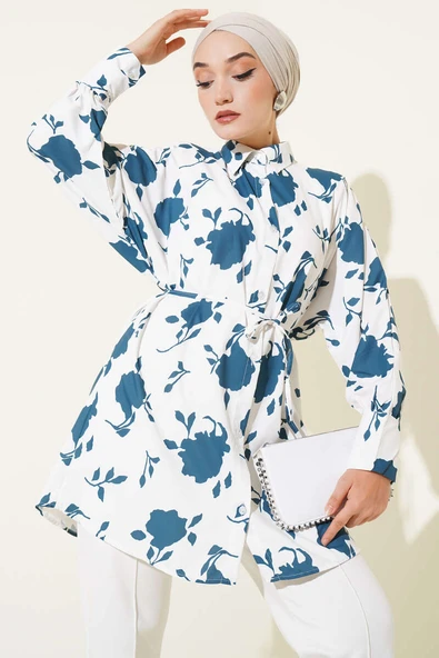 Minik Yaprak Desenli İp Kuşaklı Gömlek Petrol ürün görseli 1