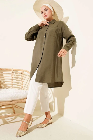 Taş Düğmeli Uzun Tunik Haki - Resim 2