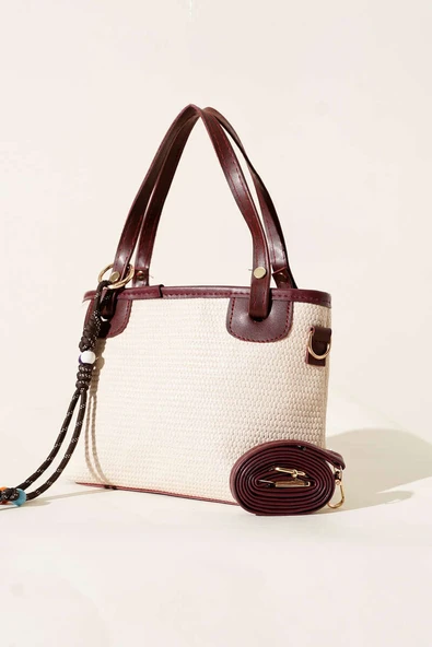 Bağcık Süs Detaylı Hasır Çanta Bordo ürün görseli