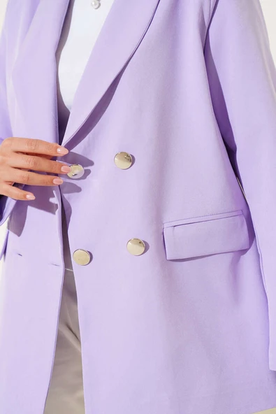 Cep Kapaklı Dört Düğmeli Blazer Ceket Lila - Resim 4