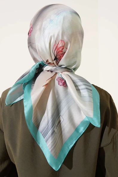 Çiçek Desen Twill Eşarp Mint - Resim 3