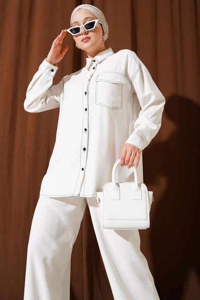 Gömlek Yaka Tek Cepli İkili Takım Beyaz - Resim 2
