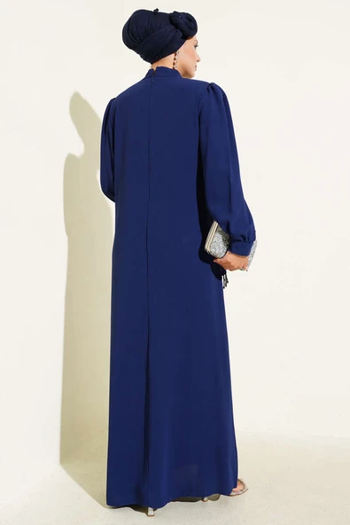 Çapraz Taş Süslemeli Abiye Elbise Lacivert - Resim 3