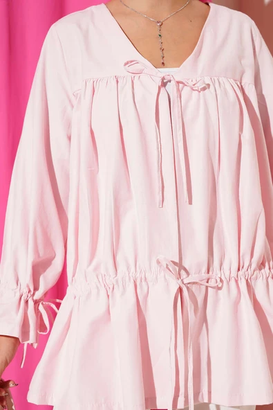Tünelli Büzgülü Kimono Pembe - 4
