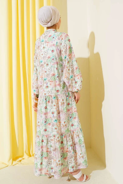 Çiçek Desenli Kloş Elbise Yeşil - Resim 3