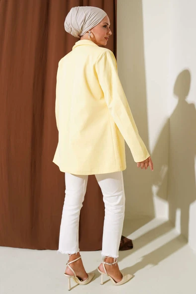 Cep Kapaklı Dört Düğmeli Blazer Ceket Sarı - Resim 3