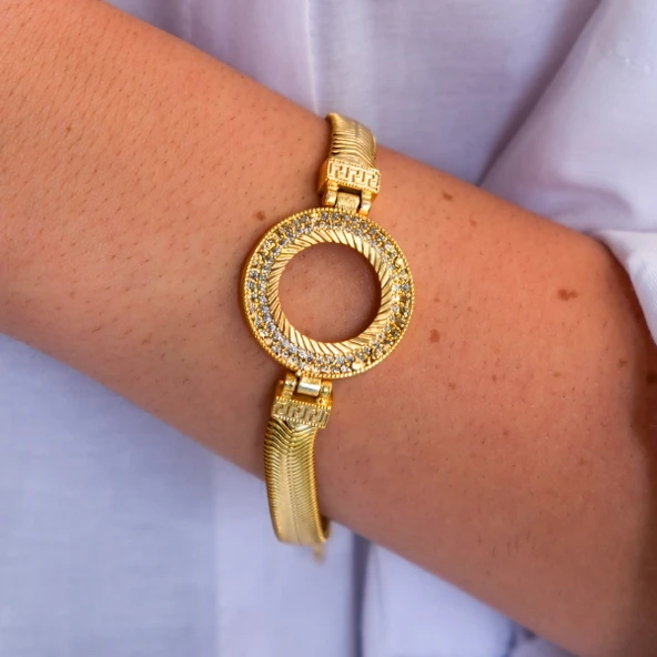 Altın Kaplama İmitasyon 2 Sıra Zirkon Taşlı İtalyan  Çeyrek Çerçeve Bileklik BLK-1168 - Resim 2