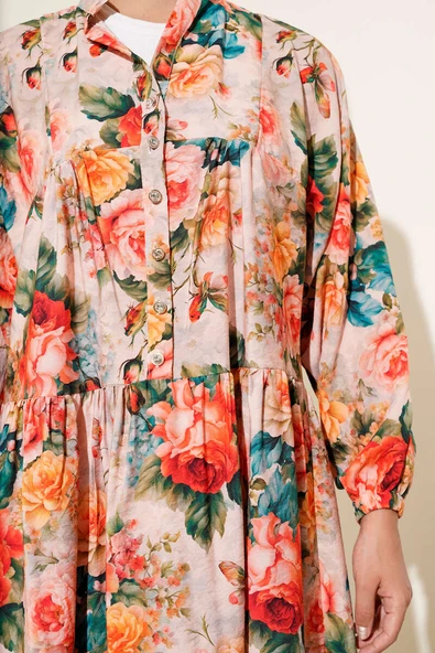 Yarım Düğmeli Gül Desenli Elbise Kırmızı - Resim 4