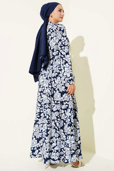 Hakim Yaka Bel Tünelli Desenli Elbise Lacivert - Resim 3