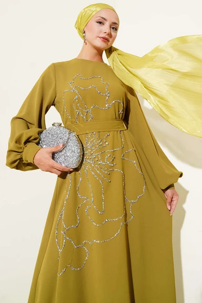 Çiçek Taş Süslemeli Abiye Elbise Yağ Yeşili - Resim 2