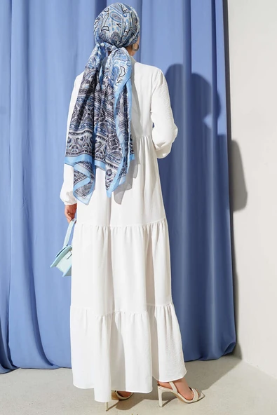 Yaka İp Bağcık Detaylı Kat Elbise Beyaz - Resim 3