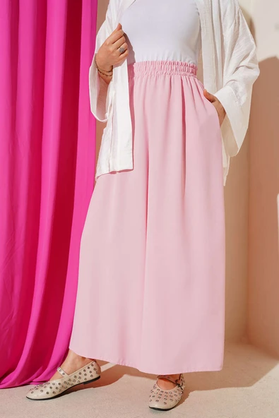 Beli Lastik Detaylı Salaş Pantolon Pembe - Resim 2