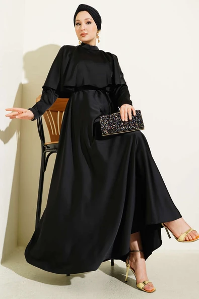 Boleronlu Saten Abiye Elbise Siyah ürün görseli 1