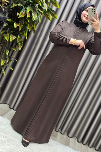 Kadın Giyim Büyük Beden Kolu Nevrür Taşlı Çimalı Elbise - Resim 5