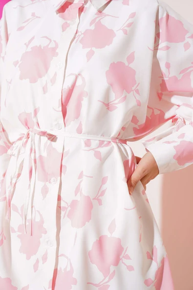 Minik Yaprak Desenli İp Kuşaklı Gömlek Pembe - Resim 4