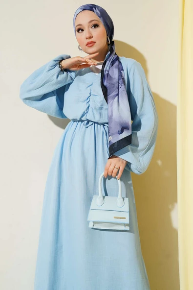 Önü Büzgülü İp Bağcıklı Elbise Mavi - Resim 2