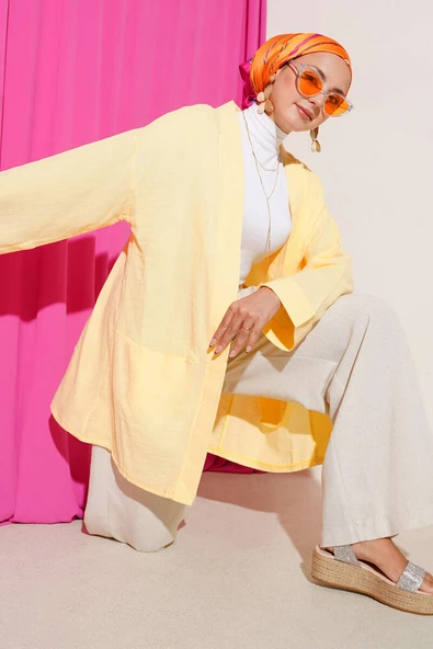 Çift Cepli Müslin Hırka Sarı ürün görseli