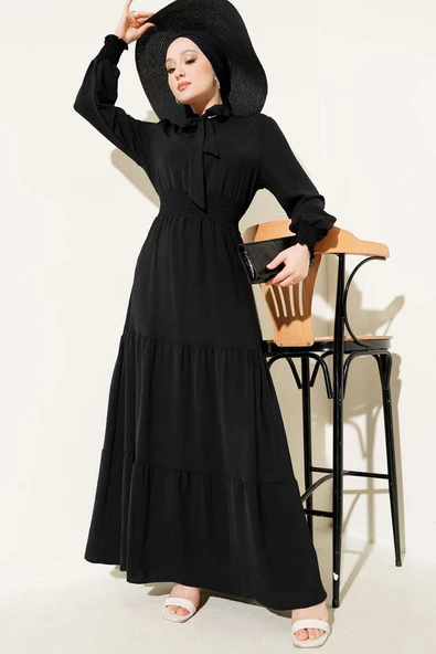 Önden Bağlama Detaylı Lastikli Elbise Siyah ürün görseli 1