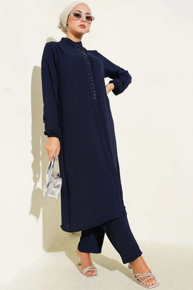 Önü Fırfırlı Taş Detaylı İkili Takım Lacivert ürün görseli 1