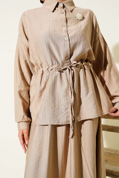 Beli Tünelli Etekli İkili Takım Latte - Resim 4