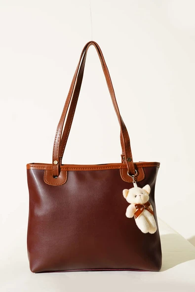 İnce Kulplu Ayıcık Aksesuarlı Çanta Kahve - Resim 2