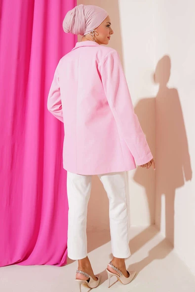 Cep Kapaklı Dört Düğmeli Blazer Ceket Pembe - Resim 3